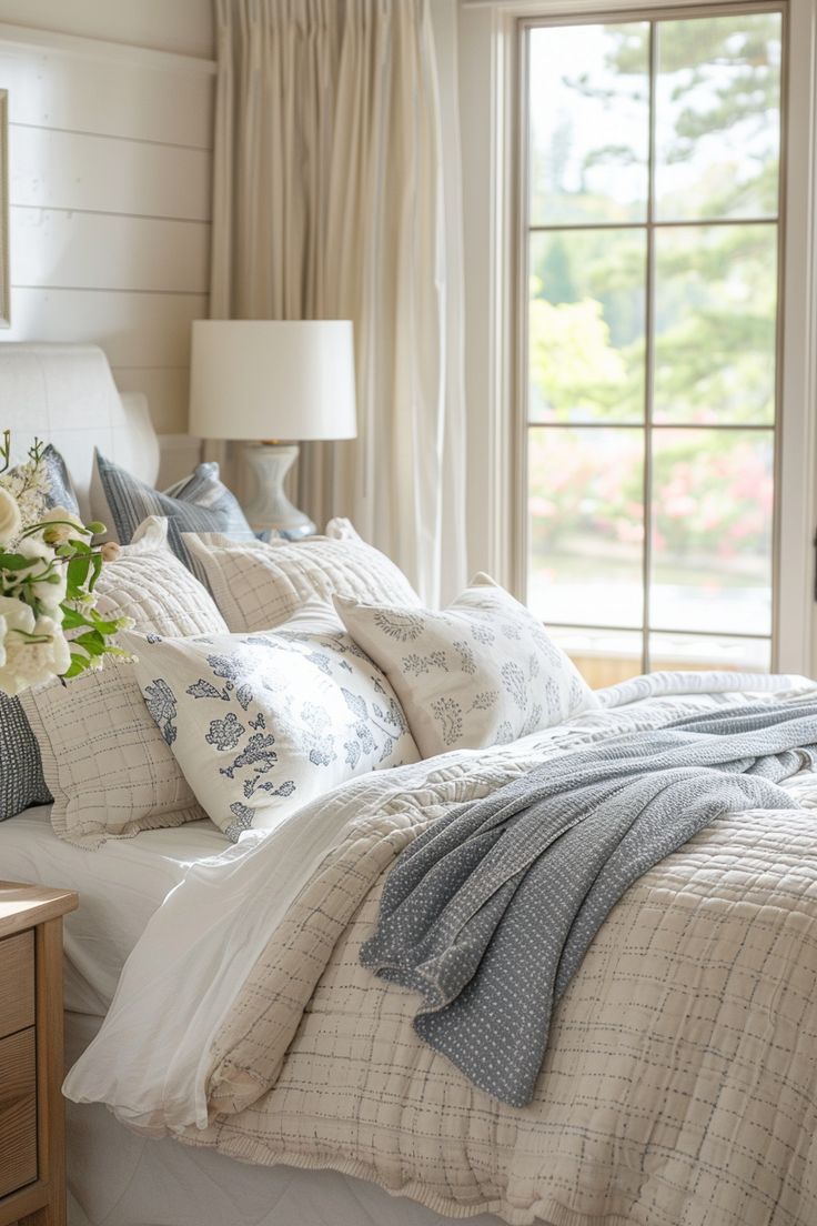 a bed with white and blue comforters in a bedroom next to a large window