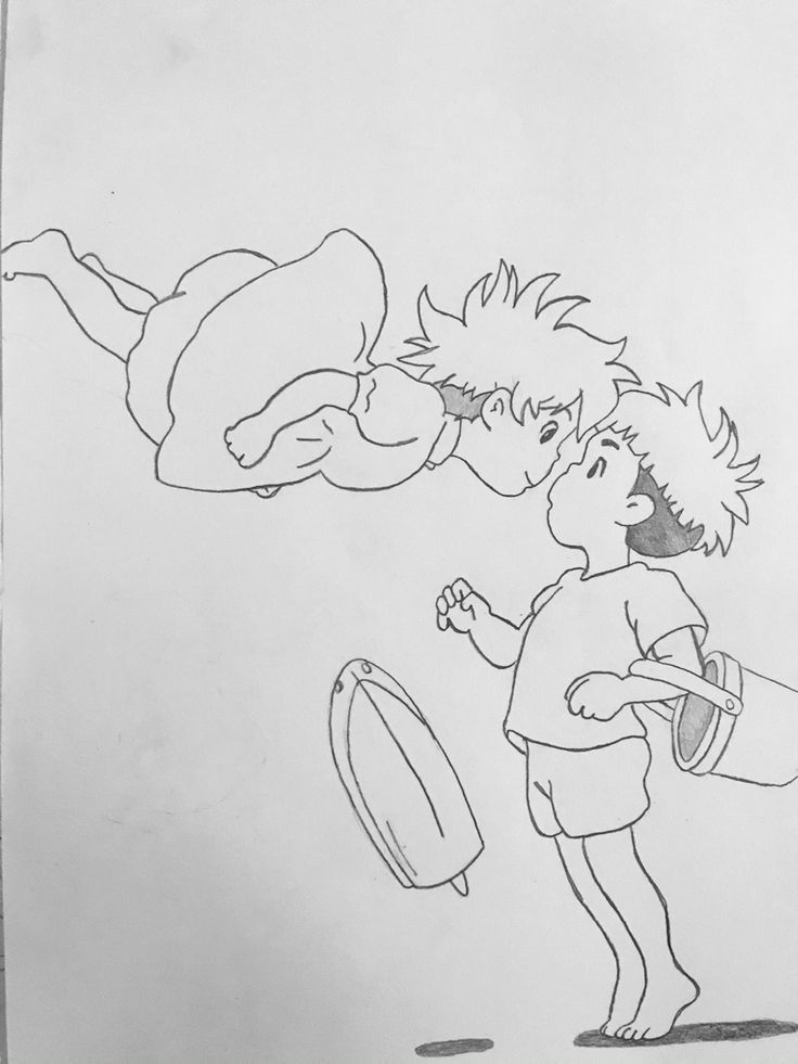 a black and white drawing of a boy playing with a frisbee