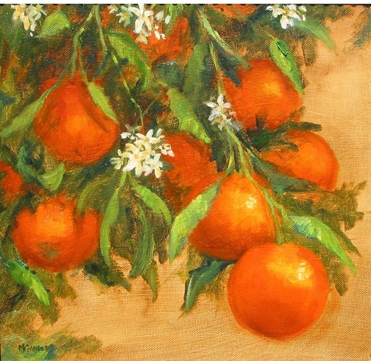 an oil painting of oranges and white flowers