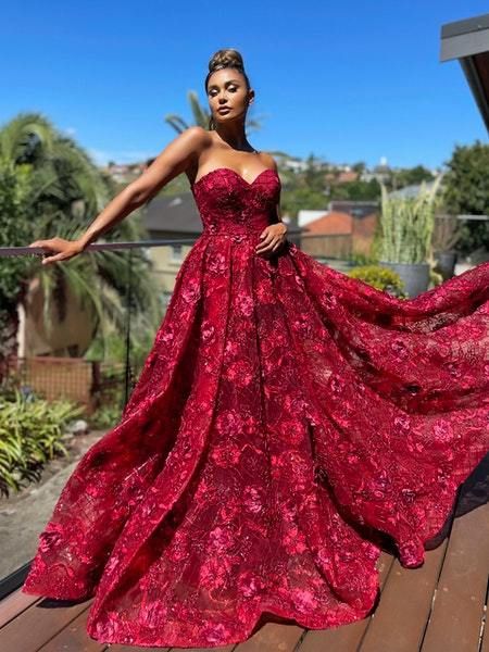 Jadore JX5077 strapless sweetheart with intricate beading throughout this 3D floral ball gown Floral Quince, Gossip Gowns, Australian Dresses, Navy Formal Dress, Floral Ball Gown, Daphne Dress, Intricate Beading, Deb Dresses, Affordable Bridesmaid Dresses