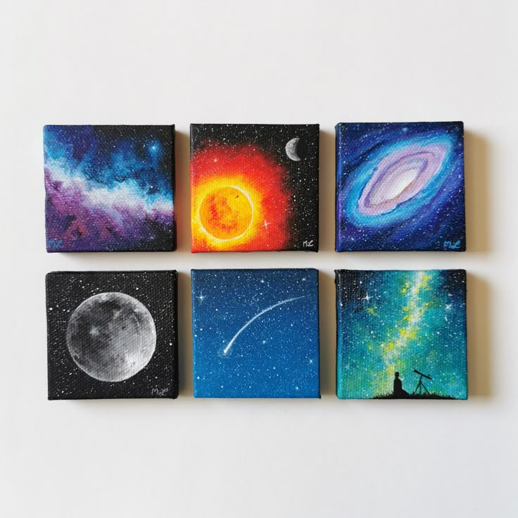 four square paintings with different images of the moon and stars on them, all painted in acrylic paint