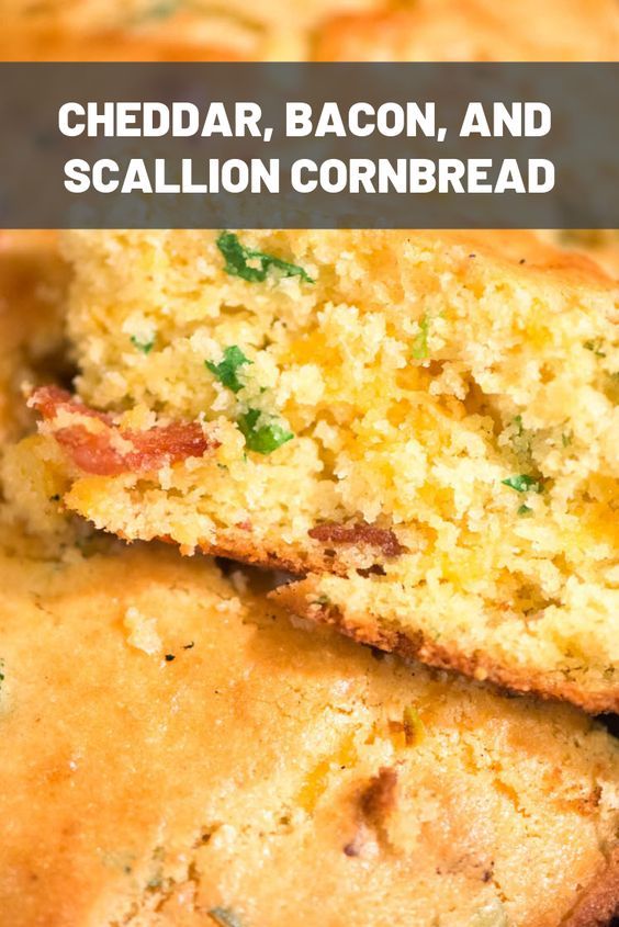 two pieces of bacon and scallion cornbread on a plate with the words cheddar, bacon, and scallion cornbread