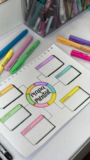 a white table topped with lots of markers and pencils next to a binder