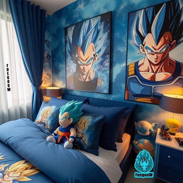 a bedroom decorated in blue and white with dragon ball paintings on the wall