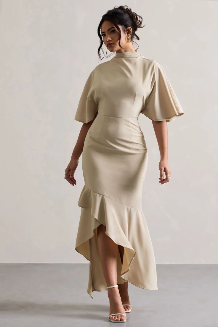 Lavinia Champagne High-Neck Flutter-Sleeve Asymmetric Maxi Dress – Club L London - USA Chic Beige Midi Dress For Wedding, Chic Beige Evening Dress For Wedding, Chic Beige Evening Dress, Cream Maxi Evening Dress For Party, Cream Maxi Length Evening Dress For Party, Beige Short Sleeve Midi Dress For Evening, Chic Beige Evening Dress For Spring, Elegant Cream Maxi Dress For Party, Chic Cream Evening Dress For Formal Occasions