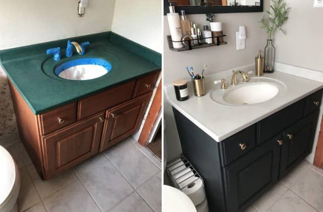 before and after photos of a bathroom remodel with green countertop, black cabinets, and white toilet