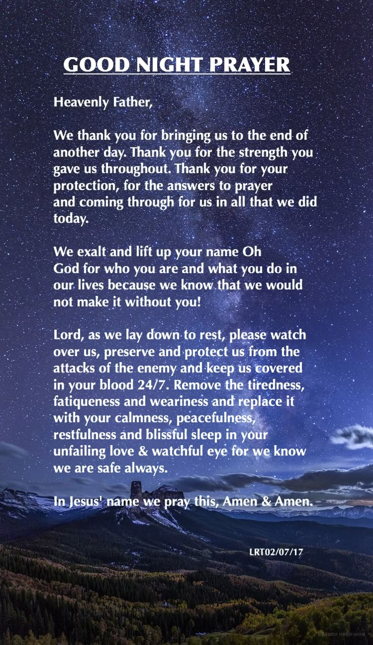 a poem written in the night sky with mountains and stars behind it, which reads good night prayer