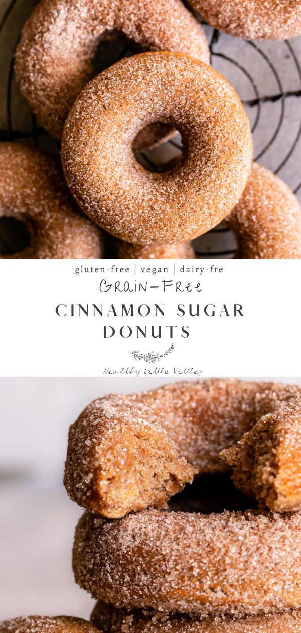 cinnamon sugar doughnuts stacked on top of each other with the title above them