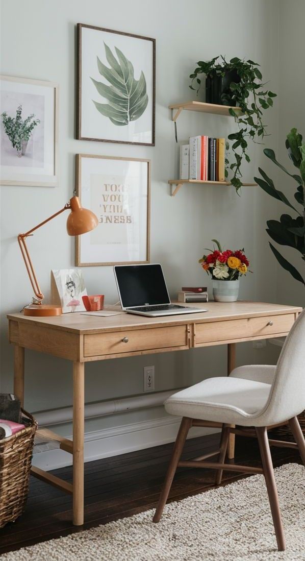 a wooden desk with a laptop on top of it next to a potted plant