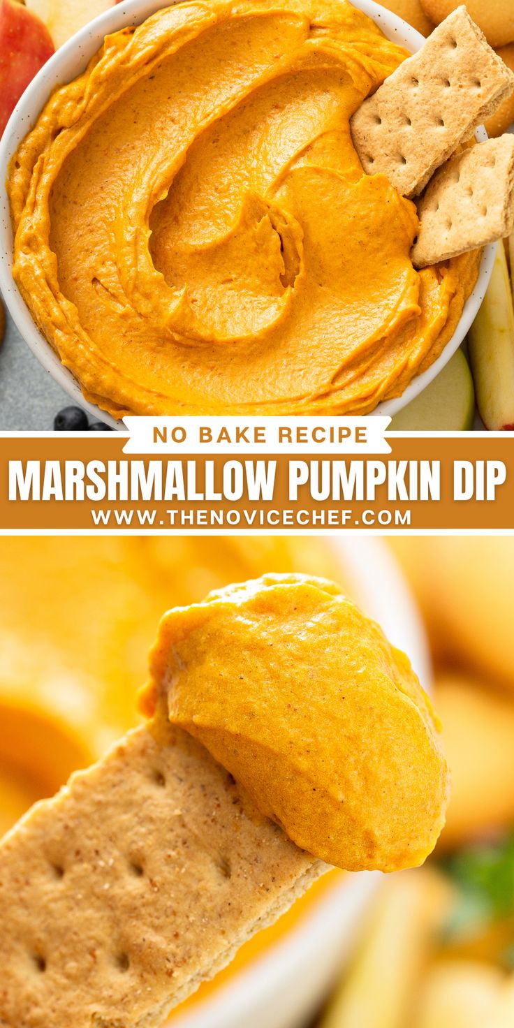 two pictures showing different types of hummush and crackers with the words, no bake recipe marshmallow pumpkin dip