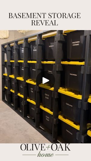 the basement storage reveal with yellow and black bins on it's sides, in front of a white background