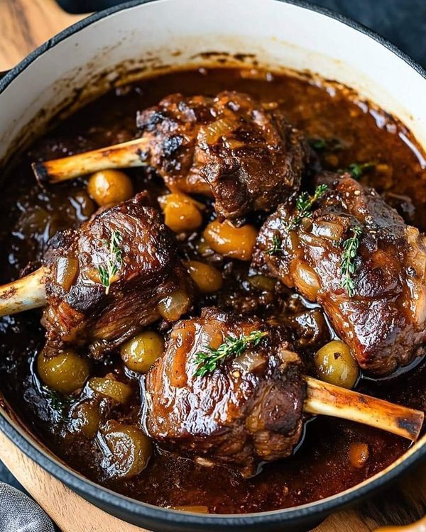 a pot filled with meat and olives on top of a wooden table next to a knife