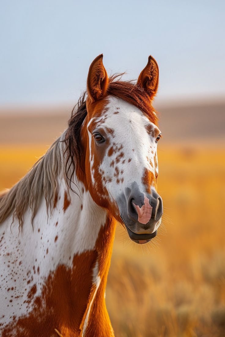 a brown and white horse standing on top of a dry grass field