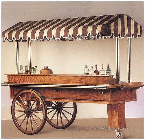 an old fashioned bar cart with bottles on it's wheels and awnings