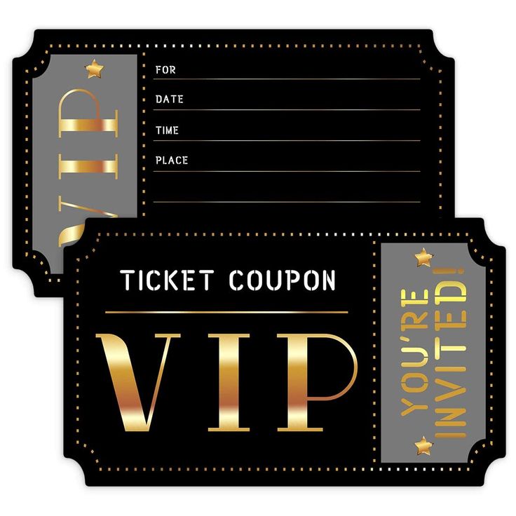 two ticket coupons with gold and silver foil on the front, one in black