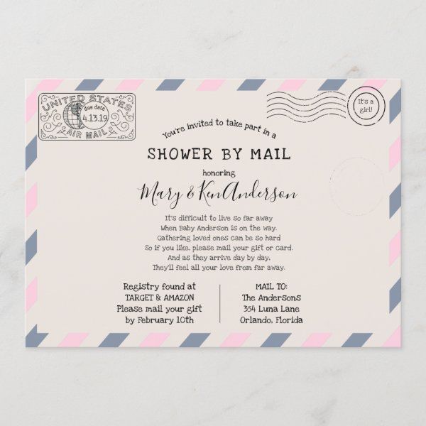 a pink and blue striped envelope with the words shower by mail on it