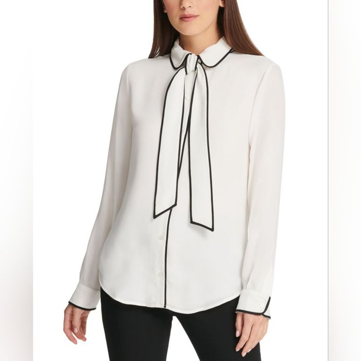 New Without Tags. Never Worn Piped Trim Outlines Pretty Tie-Neck Details On This Chic Blouse From Dkny. Contrast Piping Throughout Front Button Closures; Tie Detail At Neckline 100% Polyester Dry Clean Hits At Hips Black Slim Pants, Evening Blouses, Petite Blouses, Collared Blouse, Chic Blouses, Linen White, Tie Front Blouse, Blouse Online, Donna Karan