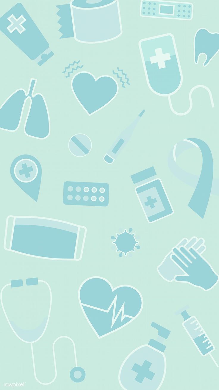 a blue and white background with various medical related items in the shape of a heart