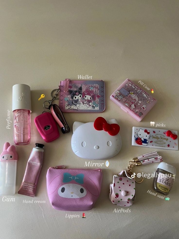 Hello Kitty Essentials, Whats In My Bag Aesthetic Korean, Concert Bag Essentials, Pouch Essentials, Everyday Bag Essentials, School Bag Essentials, Backpack Essentials, Essential Pouch, Inside My Bag