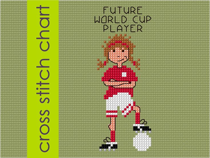 the cross stitch pattern shows a girl in red and white soccer uniform with her arms crossed