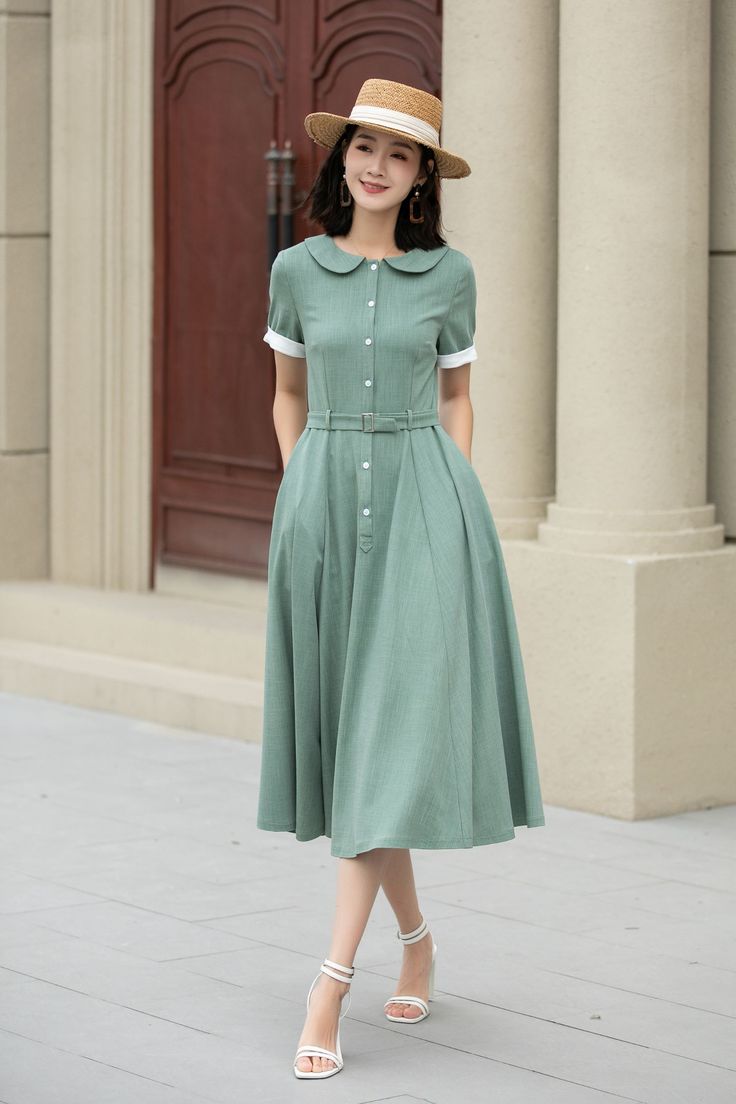 Embrace a chic day out with this green midi linen swing dress. Perfect blend of comfort and style. 🌼 

SKU 5148 
Link in bio 

#Fashion #GreenDress #LinenLove #SwingDress #StyleInspiration #Xiaolizihandmade Dress With Collar Classy, Summer A-line Shirt Dress For Daywear, A-line Shirt Dress For Summer Daywear, Spring Midi Linen Dress For Garden Party, Knee-length Linen Dress For Spring Vacation, Knee-length Linen Dress For Summer Garden Party, Summer A-line Shirt Dress For Day Out, A-line Shirt Dress For Summer Day Out, Classic Summer Midi Dress For Day Out