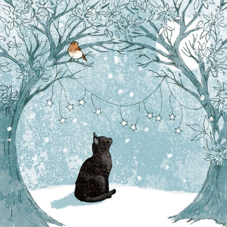 a black cat sitting in the snow looking at a bird