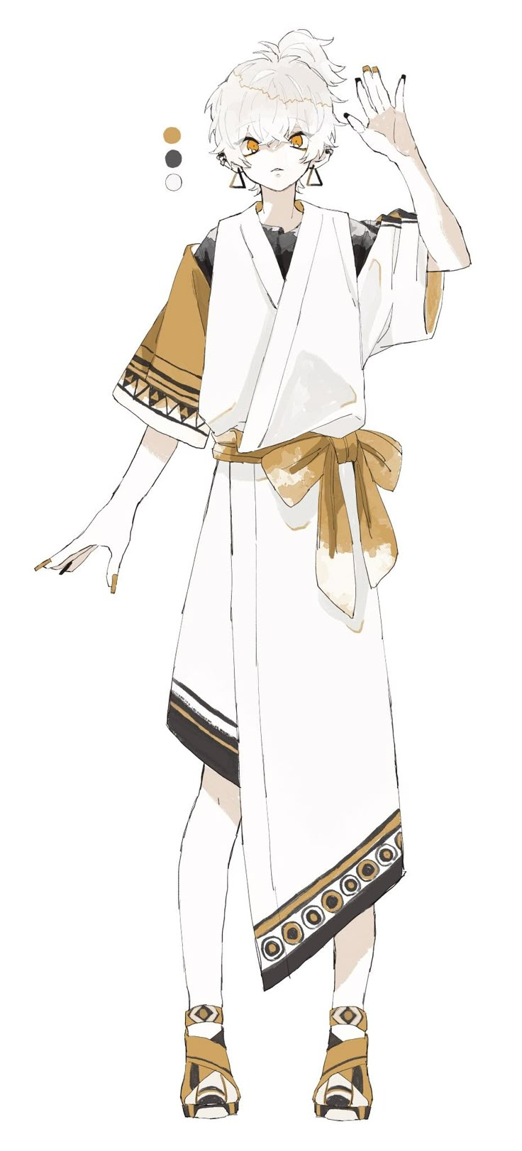 an anime character with white hair wearing a robe and gold trimmings, standing in front of a white background