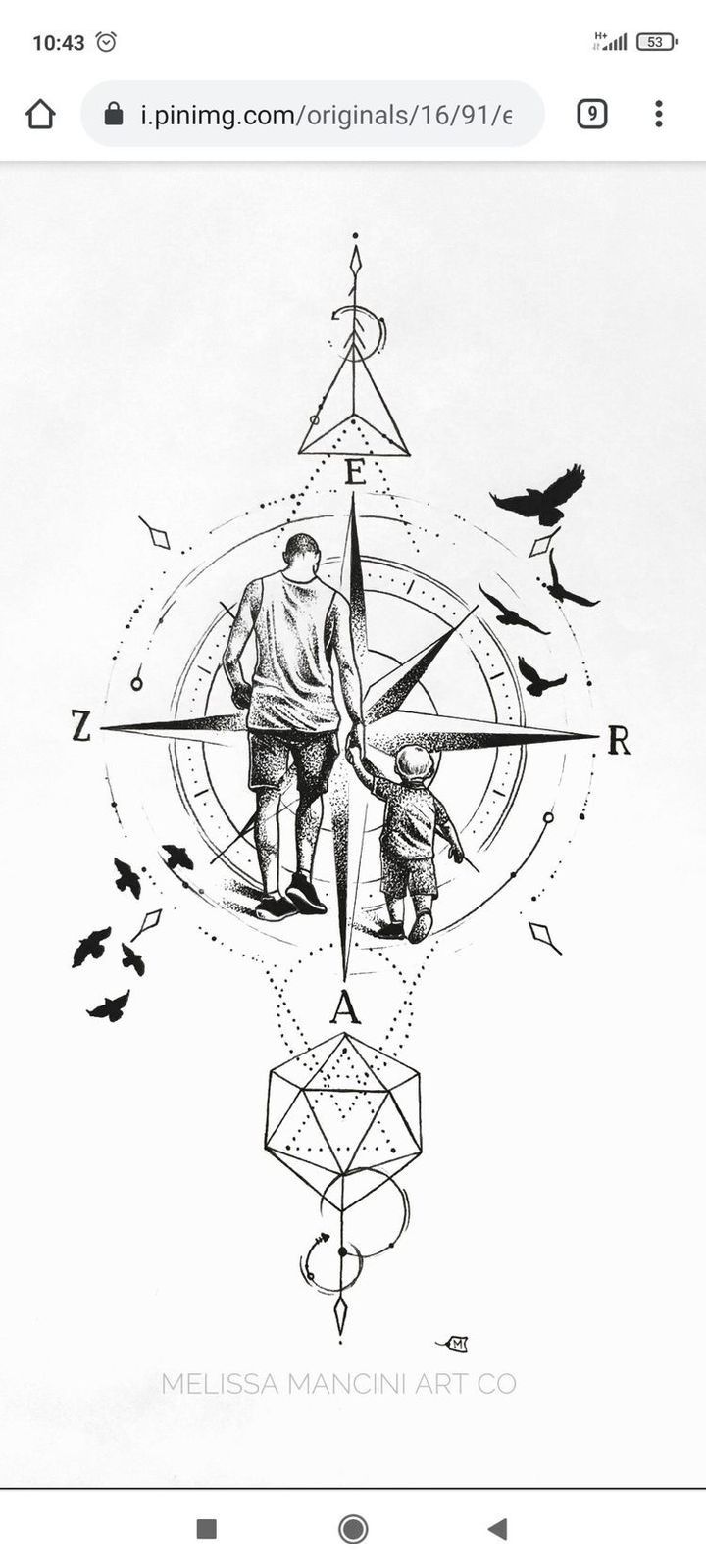 a black and white drawing of a man holding a compass with birds flying around it