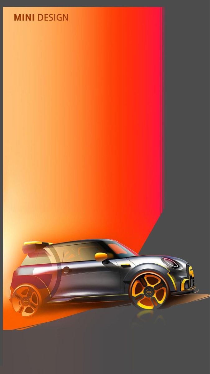 a mini car is shown in front of an orange and red background with the words mini design on it