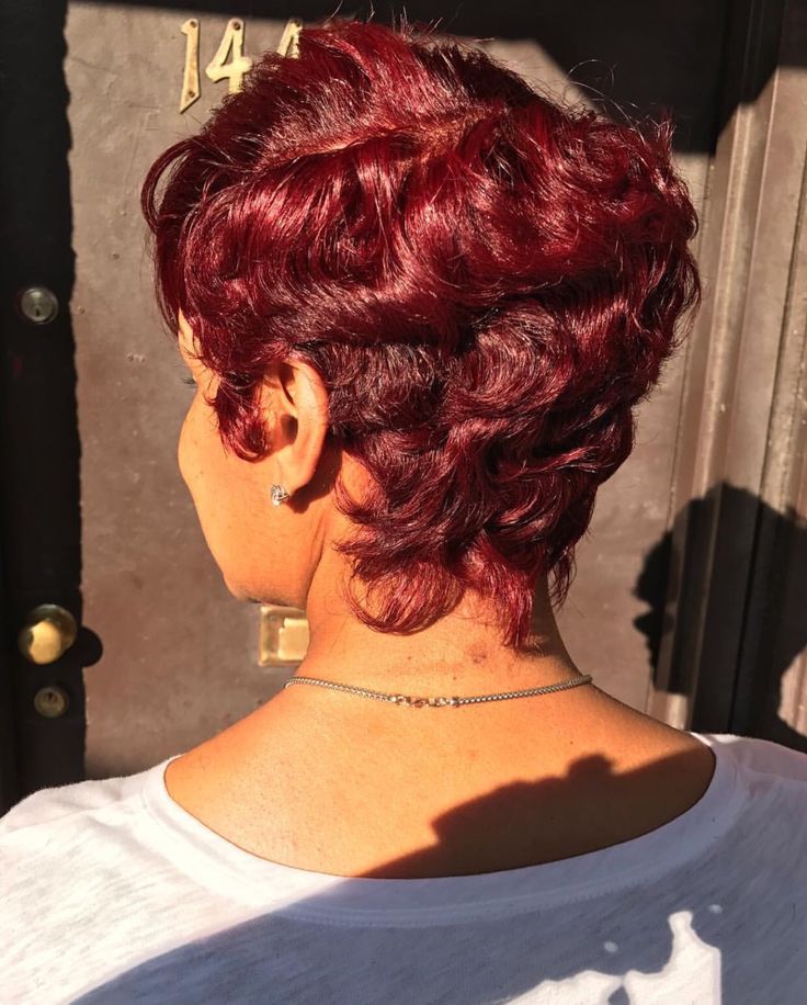 Follow @Aleahxoxo  for more Burgundy Hair On Short Hair, Short Red Hair For Black Women, Red Color Hair Black Women, Red Fingerwaves For Black Women, Burgundy Pixie Haircut Black Women, Red Haircut Black Women, Red Short Hairstyles, Short Ruby Red Hair, Short Red Pixie Haircut Black Women