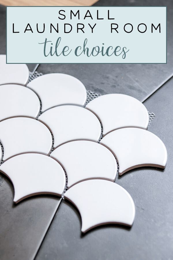 the words small laundry room tile choices on top of a black and white tiled floor