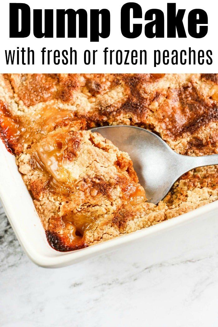 a casserole dish with fresh or frozen peaches and dump cake in it