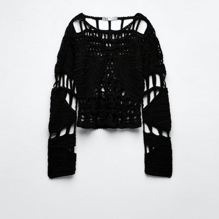 Zara Crochet Sweater - Limited Edition Nwt Black Size Small Black Open Knit Crochet Top For Winter, Winter Black Open Knit Crochet Top, Black Crochet Knitted Top For Fall, Black Crochet Top For Winter, Winter Black Crochet Top, Black Open Knit Sweater For Spring, Black Crochet Top With Pointelle Knit For Fall, Black Pointelle Knit Crochet Top For Fall, Black Crochet Tops For Fall