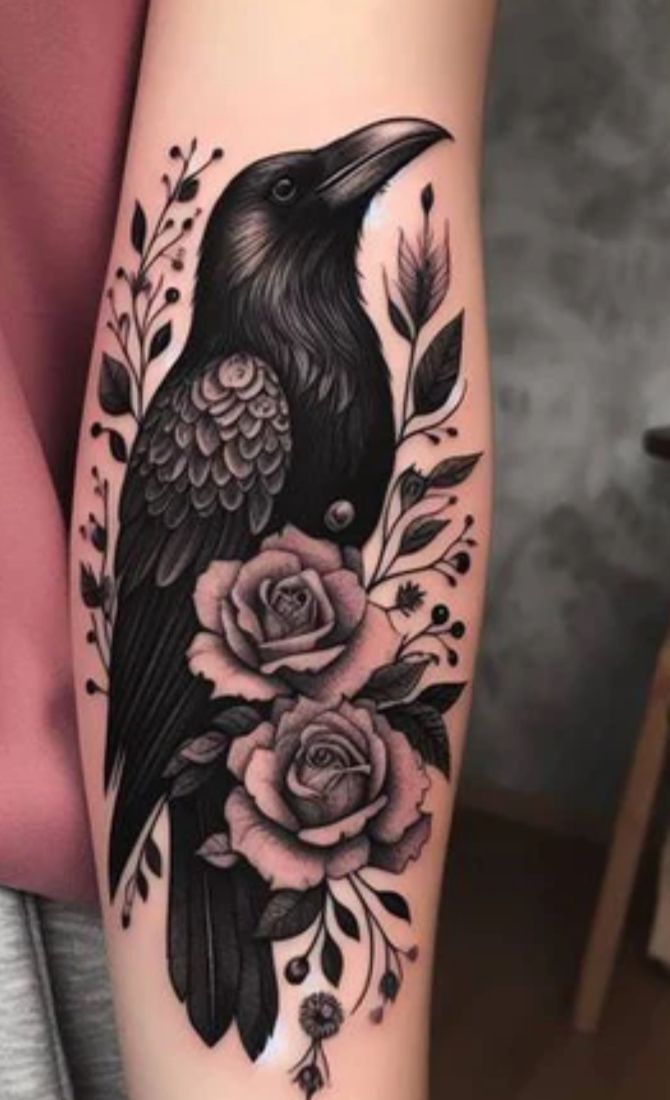 a black bird sitting on top of a rose and leaves tattoo design with flowers around it