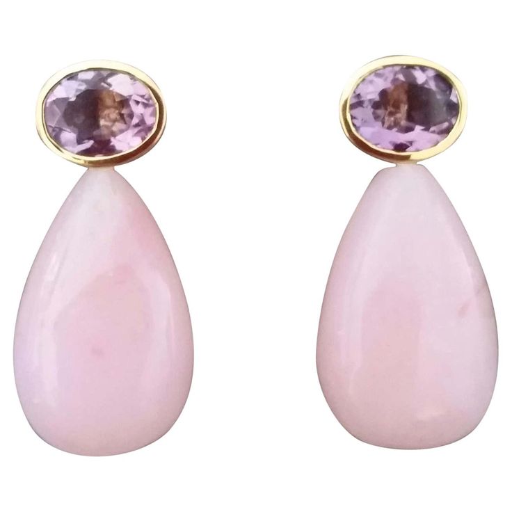 For Sale on 1stDibs - These simple but elegant earrings have 2 faceted Oval Shape Natural Amethysts size 8x10 mm set in yellow gold bezel at the top to which are suspended 2 Pink Plain, Lapis Earrings, Amethyst Studs, Chic Art, Opal Earrings Stud, Turkish Jewelry, Opal Studs, Simple Chic, Tutti Frutti