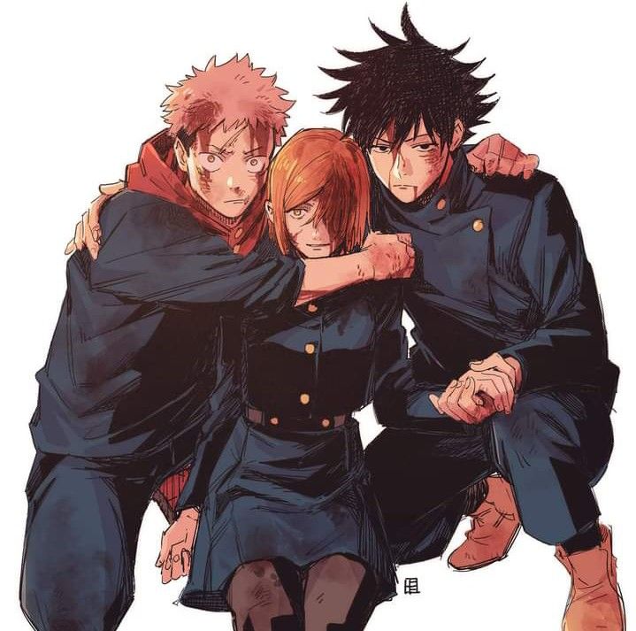 three anime characters hugging each other with their arms around one another while they're dressed in black