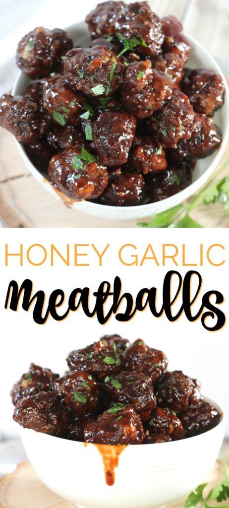 honey garlic meatballs in a white bowl with the title above it