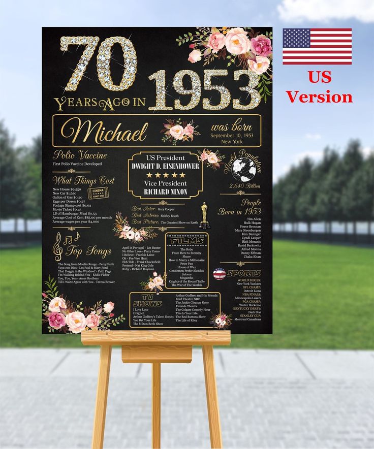 an easel with a poster on it that says 70 years in 1953 and has flowers