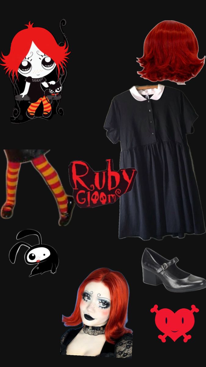 a woman with red hair wearing black clothing and stockings, is shown in the image