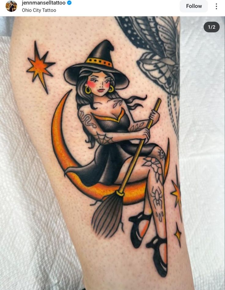 a woman with a witch hat and broom sitting on the moon, holding a broom