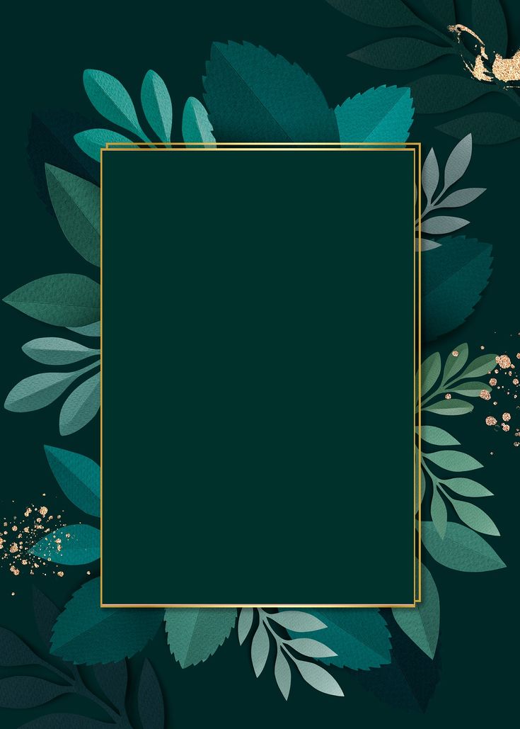 a green background with gold leaves and a square frame in the middle on top of it