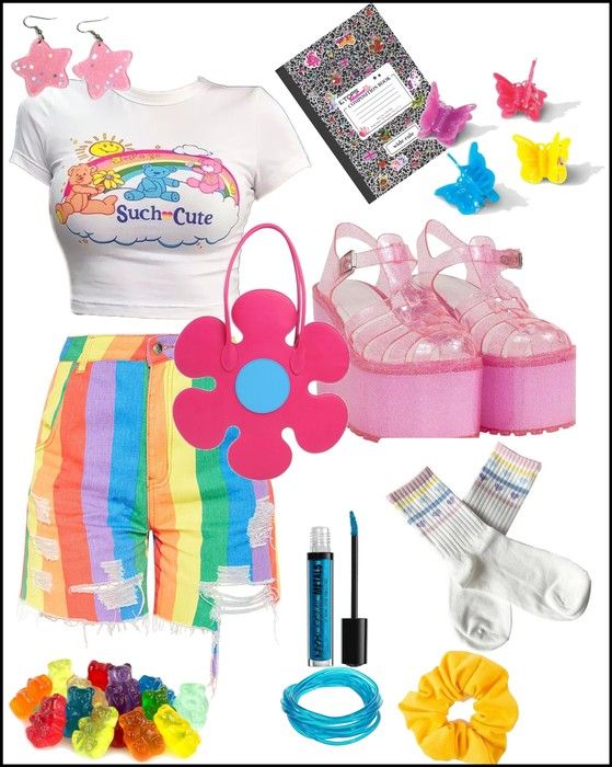 Clowncore Outfit, Kid Core Outfits, Aesthetic Kidcore, Kidcore Fashion, Rave Aesthetic, Bright Colors Fashion, Outfits Gorditas, Vibrant Outfits, Outfit Inspired