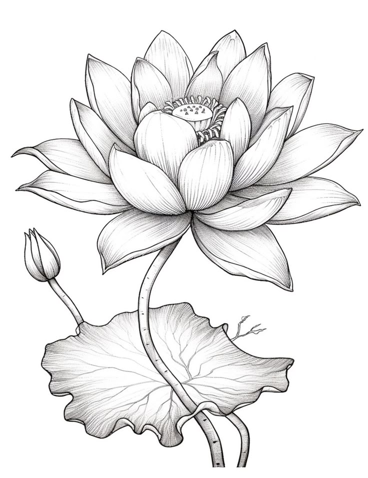 a black and white drawing of a lotus flower with leaves on the bottom half of it