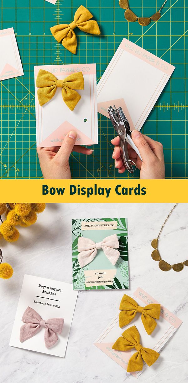 Display your jewelry and other accessories with these easy-to-make jewelry display cards. We've put together some simple, inexpensive ways you can create your own display cards for earrings, necklaces, enamel pins, hair bows and more! #AveryProducts #AveryBlog #SmallBusinessSupport Display Cards For Bows, Display Cards For Hair Accessories, How To Pack Earrings For Sale, Hair Bow Display Card, Bows Display Ideas, Hair Accessory Display Ideas, Bow Buisness Ideas, Packaging Ideas For Hair Accessories, Headband Packaging Ideas Diy