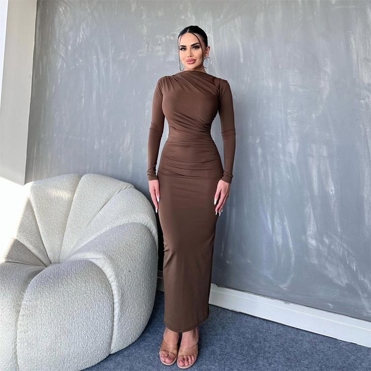 F00225759-103 Fitted Brown Midi Dress For Night Out, Fitted Brown Club Dress, Solid Color Maxi Length Bodycon Dress For Night Out, Solid Color Maxi Bodycon Dress For Night Out, Solid Maxi Length Bodycon Dress For Night Out, Chic Bodycon Maxi Dress For Club, Fall Maxi Dress For Club, Chic Bodycon Club Maxi Dress, Maxi Dress For Club In Fall Season