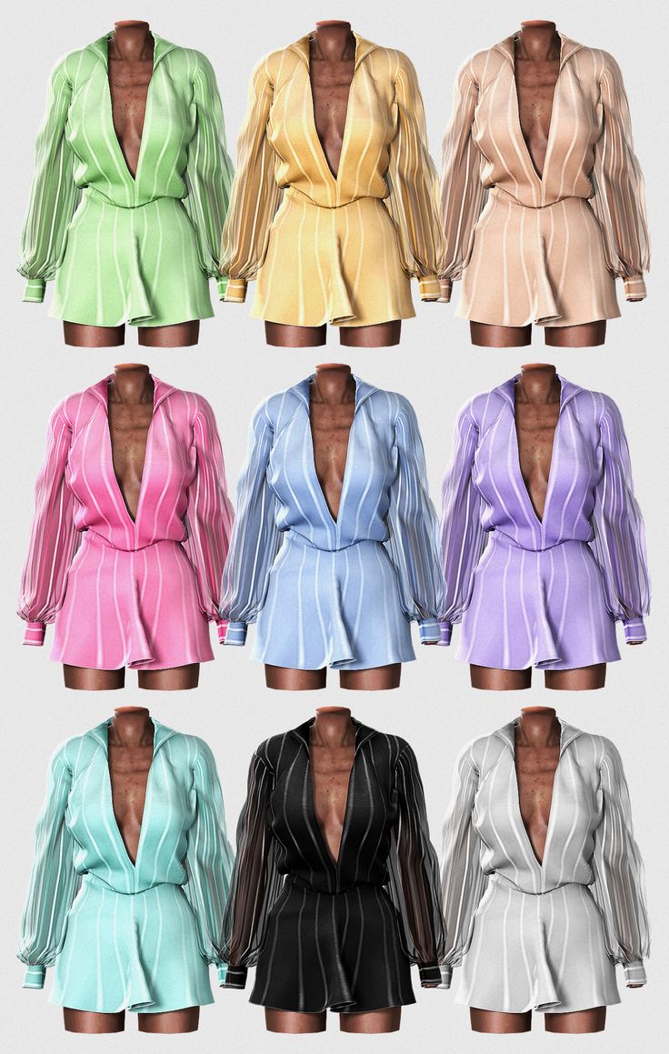 six different colored dresses with long sleeves