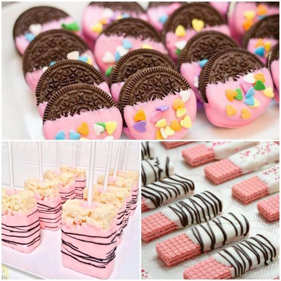 desserts and treats are displayed on the table