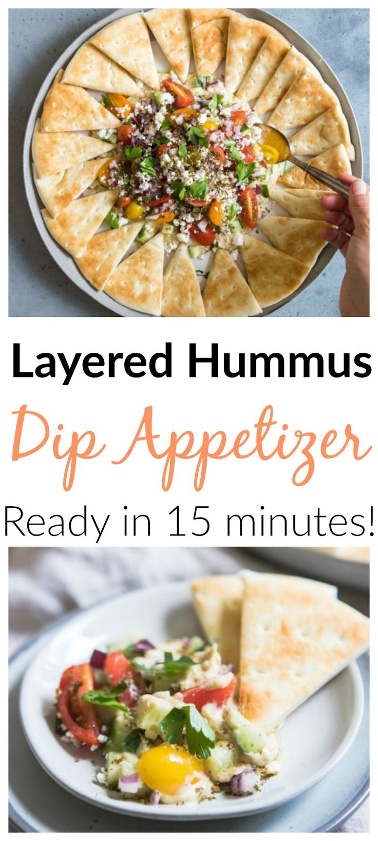 layered hummus dip appetizer is ready in 15 minutes and it's delicious