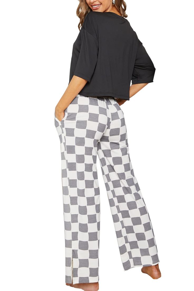 PRICES MAY VARY. 【Lightweight Material】This FENTENG pajama long pants are made of 48% viscose 48% polyester 4% spandex. Lightweight, stretchy, buttery soft, loose fit, wide waistband, wide leg, side deep pockets, full length. The soft & breathable fabric makes these pants to wear all the year around. 【Designed Features】Women’s lounge pants with side slit chic & tie knotted cuff design. Adjustable drawstring on the elastic waistband offers a personalized fit on you，superior stitching, fabric that Loose Wide Leg Pants, Pajama Bottoms Womens, Pants Comfy, Pocket Sweatpants, Grey Plaid, Comfy Pants, Pajama Bottoms, Wide Waistband, Lounge Pants