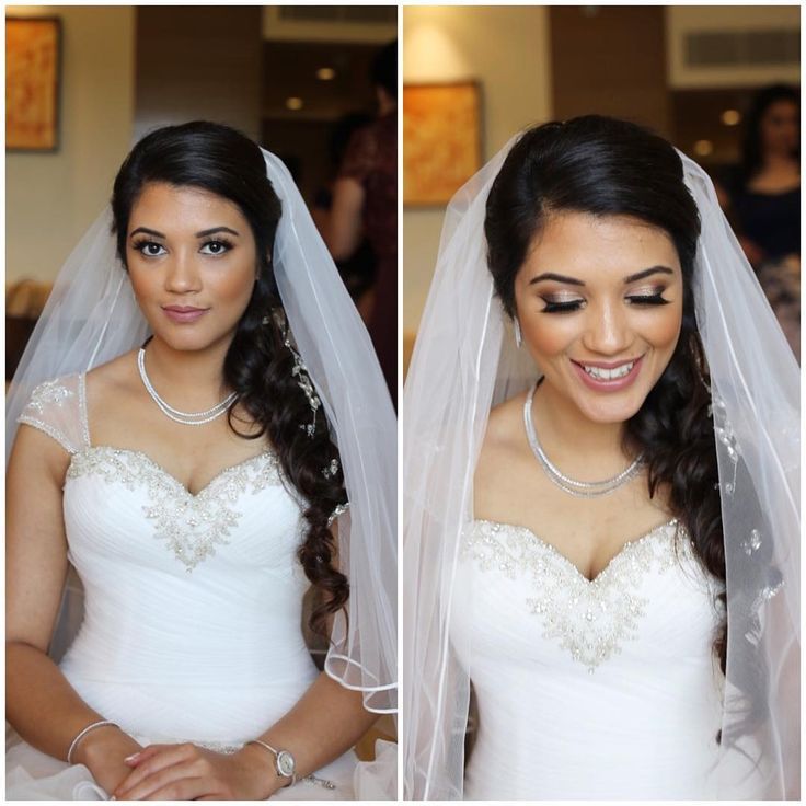 two pictures of a woman wearing a wedding dress and veil with her hair pulled back